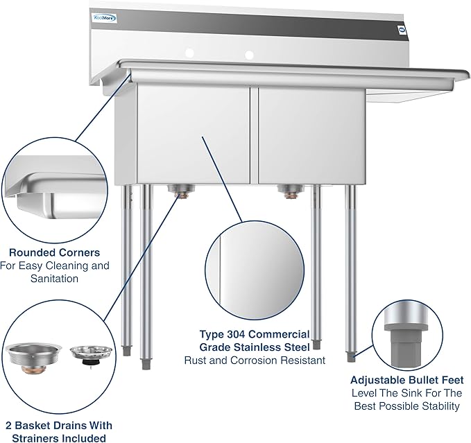 KoolMore 2 Compartment Stainless Steel NSF Commercial Kitchen Prep & Utility Sink with Drainboard - Bowl Size 14" x 16" x 11", Silver