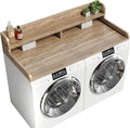 2-Tier Washer Dryer Countertop with 2.75" H Edge Rails, 58" W x 28" D Laundry Countertop for Folding Clothes, Washer and Dryer Topper with Non-Slip Pad (White Oak)