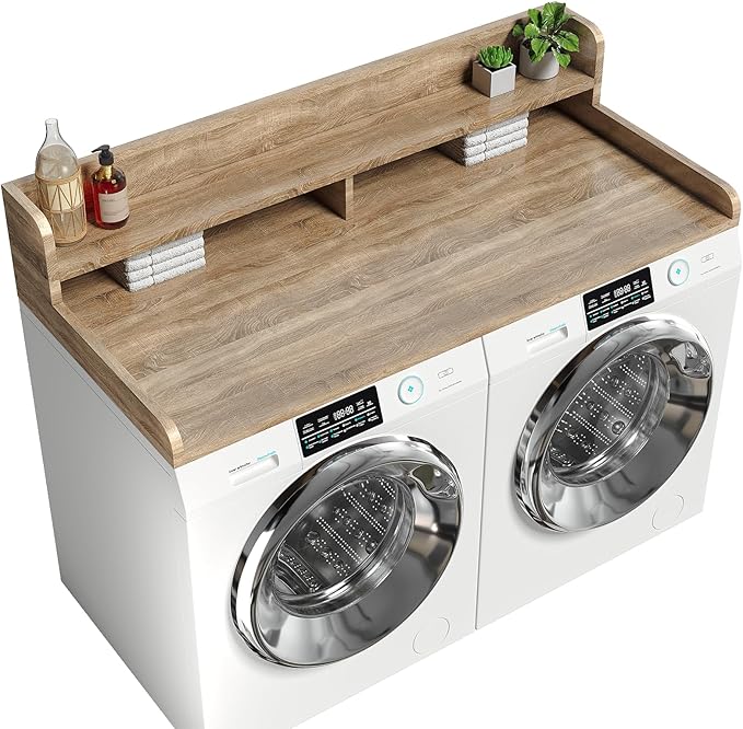 2-Tier Washer Dryer Countertop with 2.75" H Edge Rails, 58" W x 28" D Laundry Countertop for Folding Clothes, Washer and Dryer Topper with Non-Slip Pad (White Oak)