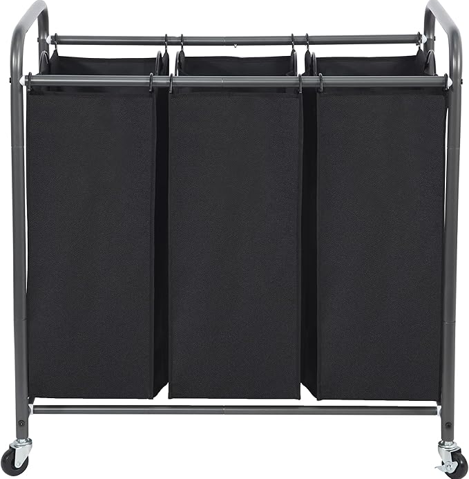 STO STO Laundry Sorter 3 Section, 3 Bag Laundry Hamper, Rolling Laundry Cart, Laundry Basket with Heavy Duty Lockable Wheels and Removable Bag for Clothes Storage, Black