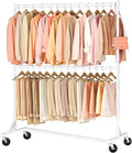 Hoctieon Double Rod Clothes Racks with Z-Base, Adjustable Clothing Rack, Standing Clothes Rack, Metal Clothing Racks for Hanging Clothes, Rolling Garment Rack, White