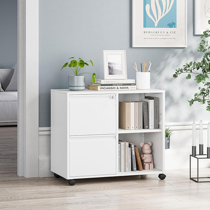 MIIIKO 2 Drawer File Cabinet on Wheels, Metal Filing Cabinets with Storage Shelf, Home Office Printer Stands, Mobile File Cabinet with Lock, White Lateral Cabinet Storage A4, Letter Size File Folders