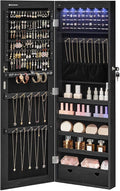 SONGMICS Hanging Jewelry Cabinet, Wall-Mounted Cabinet with LED Interior Lights, Door-Mounted Jewelry Organizer, Full-Length Mirror, Christmas Gift Idea, Ink Black UJJC099B01