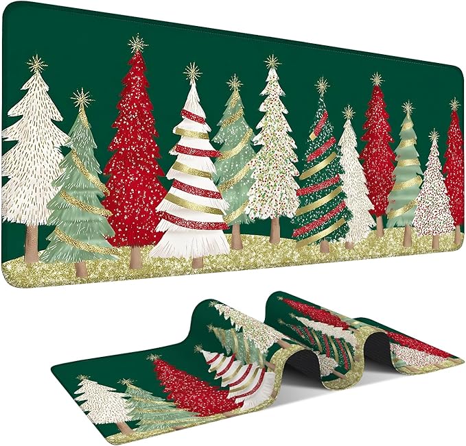 Christmas Tree - Green Gaming Mouse Pad 35.4"x15.7"Desk Mat Anti-Slip Rubber Base & Durable Stitched Edges for Gamers Smooth Mouse Writing Surface for Desk Office/Home