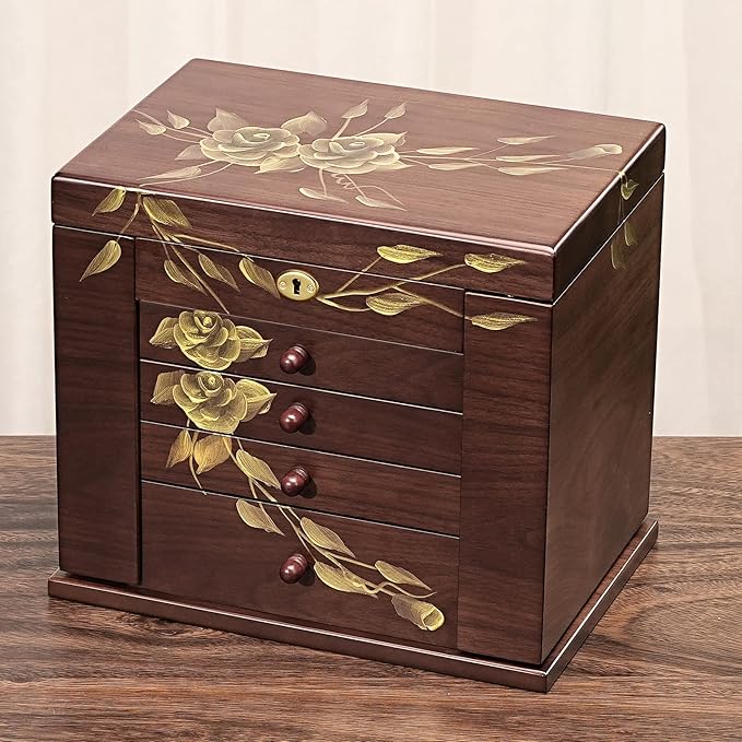 Hand-Painted Wooden Jewelry Boxes for Women - 8-Layer Large Lockable Jewelry Box with Compartments, Dresser Top Jewelry Organizer, Vintage Wooden Jewelry Storage
