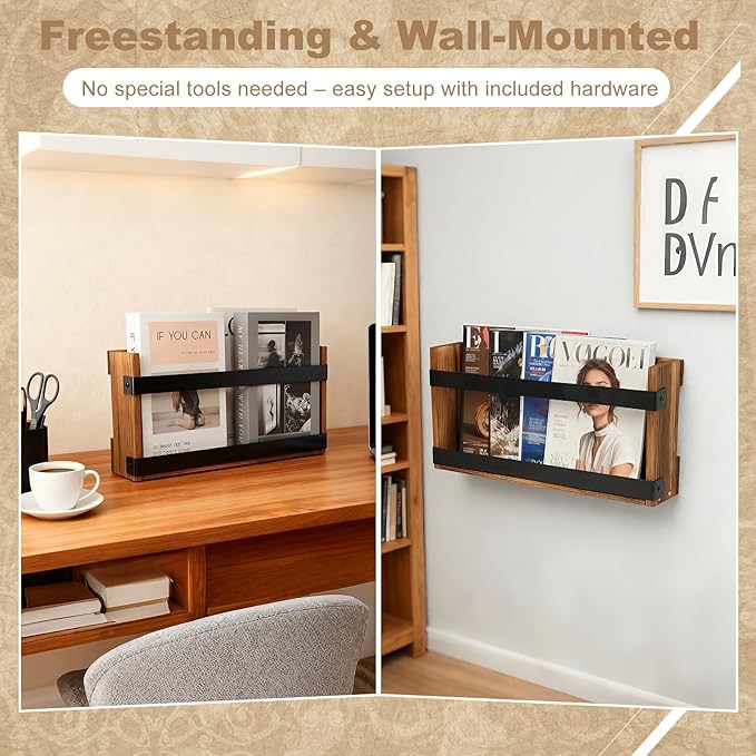 Wood Magazine Holders Wall & Bathroom Magazine Rack, Pine Wood + Black Metal Wall Magazine Holder for Magazines, Books – Mountable or Freestanding Organizer