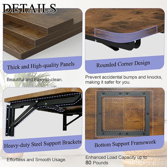 TEAMIX Wall Mounted Folding Table, Rustic Brown Floating Wall Desk for Small Spaces, Drop Leaf Dining Table for Kitchen Fold Down Laundry Shelf with Heavy-Duty Brackets