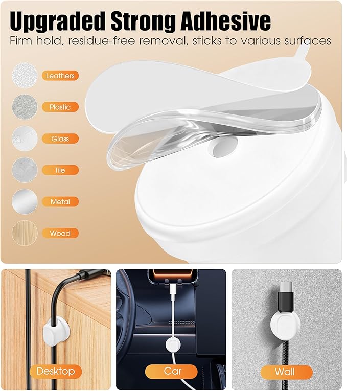 8 Pack Cord Organizer, Ω-Shaped Rotatable Cable Clips, Strong Adhesive Cable Management with Nails, Cord Holder for Nightstand, Desk, and Wall (White)