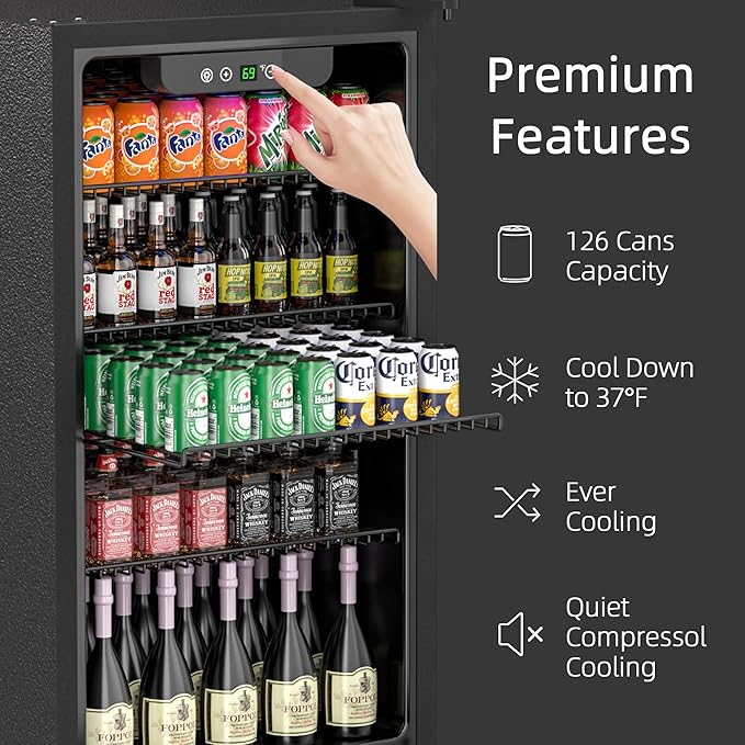 3.2 Cubic Feet Mini Fridge,126 Can Freestanding Beverage Refrigerator with Glass Front Door for Soda, Beer Under Counter Small Refrigerator with Adjustable Shelves and Digital Display(Silver)