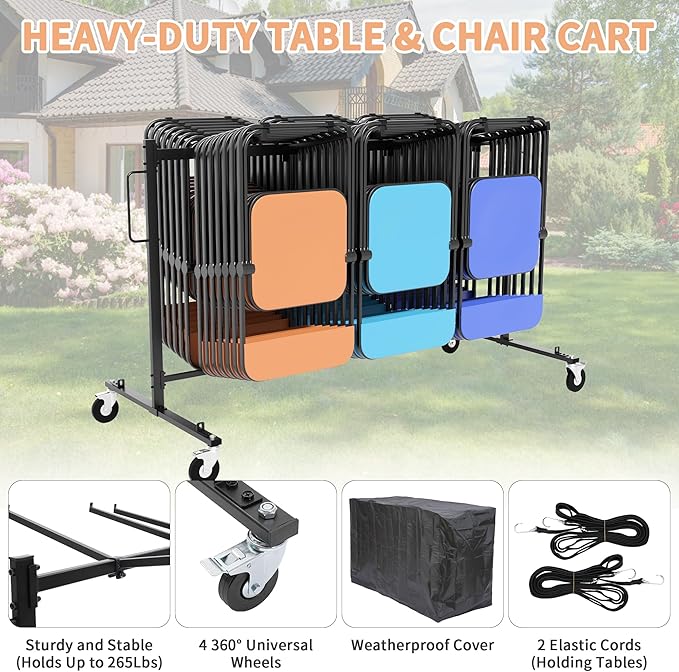Folding Chair Rack with Wheels, Heavy Duty Steel Chair Cart for 42 Chairs or 12 Tables, Folding Chair Racks for Storage Dolly, Large Chair Holder W/Elastic Cords,Dust Cover (Single Layer)