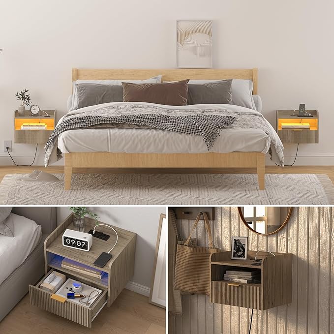 White Floating Nightstand with Charging Station and LED Lights (Grey)
