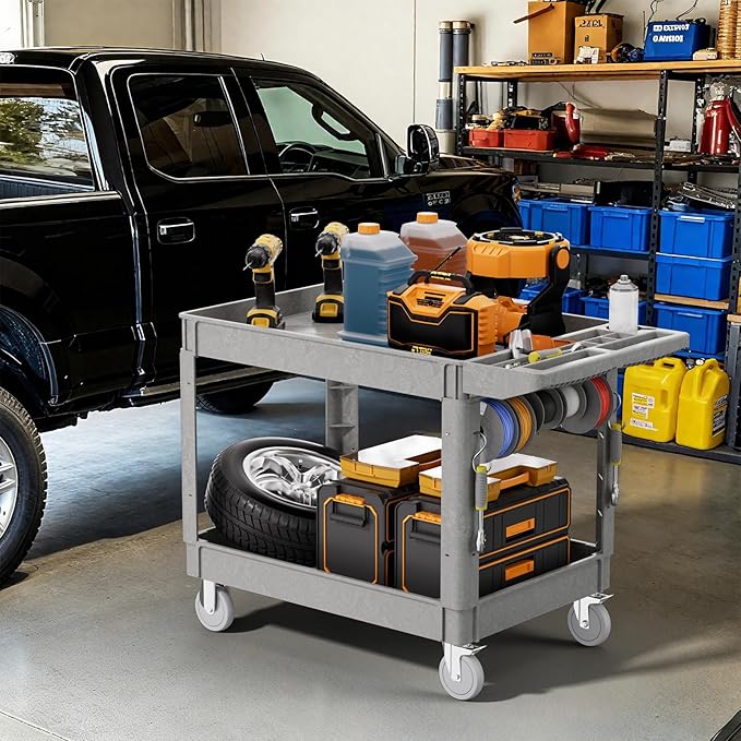 2 Tier Plastic Rolling Utility Cart on Wheels, Heavy Duty Tool Cart with Deep Shelves and 360° Swivel Wheels Holds up to 550 lbs, Service Cart for Warehouse,Garage, Cleaning (Gray-L)