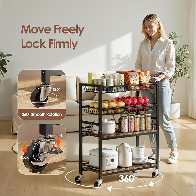 Kitchen Storage Cart, 4 Tier Utility Rolling Snack Cart, Fruit & Vegetables Basket Stand, Pantry Storage with 4 Detachable Mesh Basket for Kitchen, Bathroom, Living Room, Office, Balcony, Black