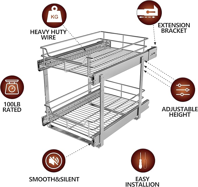 2-Tier Individual Cabinet Pull Out Shelves (9" W x 22" D), Slide Out Kitchen Panty Narrow Cabinet Storage Sliding Shelves