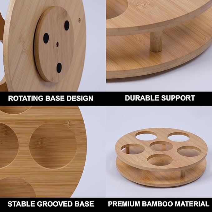 KOKO G Premium Bamboo Rotating Water Bottle Organizer – 360° Wooden Cup Holder Rack Fits 7 Tumblers (40oz/30oz/20oz) – Space-Saving Cabinet & Countertop Storage, Easy to Assemble