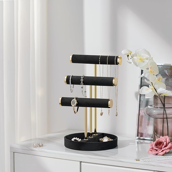 Bracelet Holder Jewelry Organizer Display - 3 Tier T Bar Velvet Stand, Black Necklace Holder Organizer, Bracelet Holder, Earring Holder and Ring Display for Jewelry Organizers and Storage