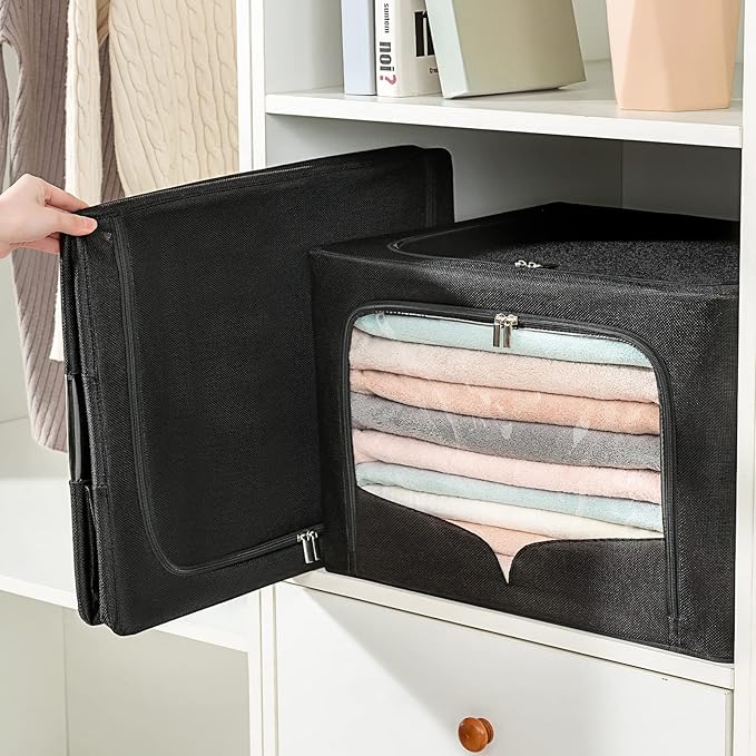 FHSQX 3 Pack Clothes Storage Bins Foldable Metal Frame Storage Box Stackable Linen Fabric Organizer Set with Carrying Handles and Clear Window (Black, 15.7x11.8x7.8inch(22L))