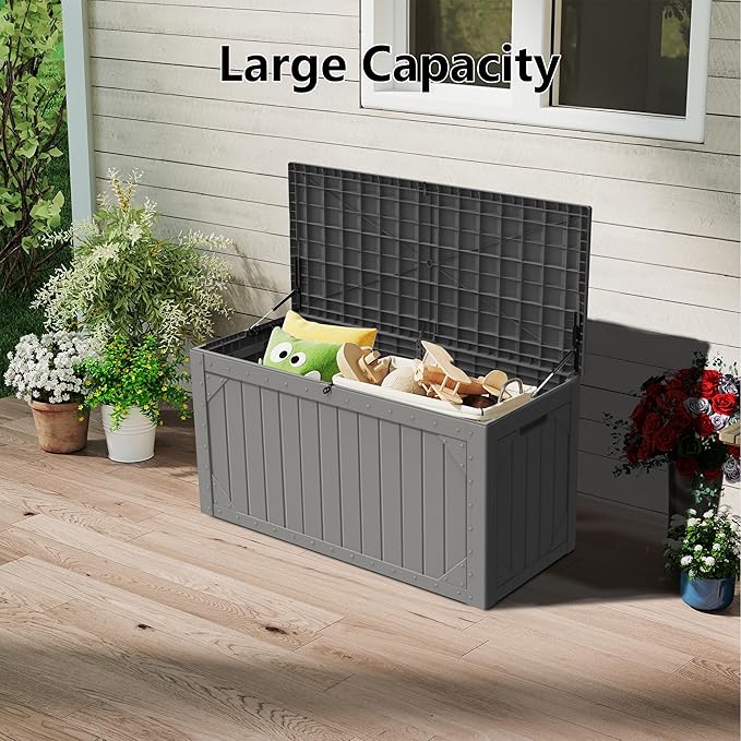 100 Gallon Outdoor Storage Box Waterproof,Resin Deck Box Storage Bin for Cushion Patio Furniture, Pool Accessories, and Garden Tools, Lockable & UV-Resistant, Grey