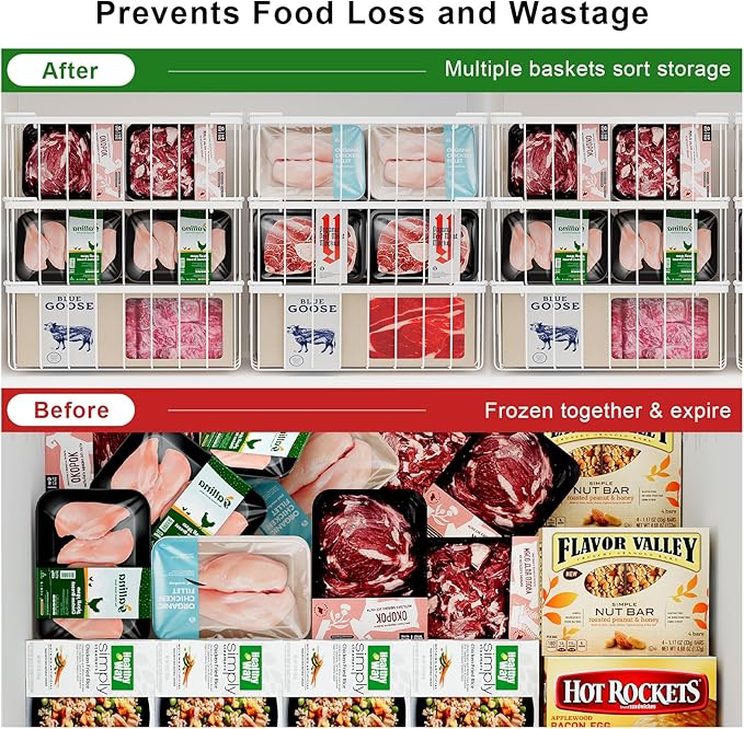 3 Pack Stackable Wire Storage Baskets With Tag, Freezer Organizer Bins for Most 7 Cu.FT Freezer Sort Frozen Meats, Deep Freezer Organizer Bins with Handle Add Space Easy Reach, White