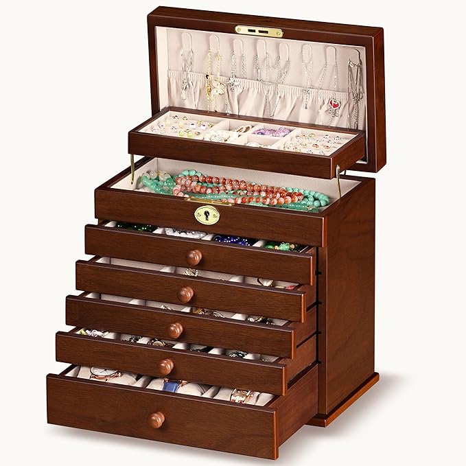 Jewelry Boxes and Organizers - Large Wooden Lockable Cabinet with Key, 8-Layer dresser top jewelry organizer, Vintage Jewelry box for Women and Men GiftIdea