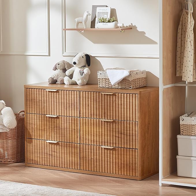 LEYAOYAO Fluted 6 Drawers Dresser, 48" Wide Modern Chest of Drawers with Woodgrain Top, Curved Profile Design, Dresser TV Stand, Wood Drawer Organizer for Bedroom, Living Room, Hallway,Brown