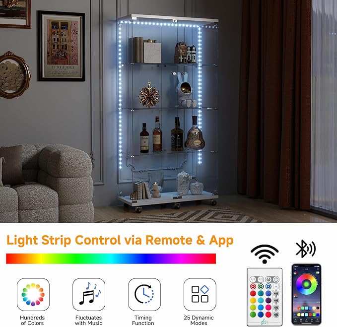 Tempered Glass Display Cabinet with Light Strip, 4-Tier Curio Cabinet with Glass Doors Wheels Locks, Glass Display Case for Collectibles for Living Room, Bedroom, Office, White, Double Door