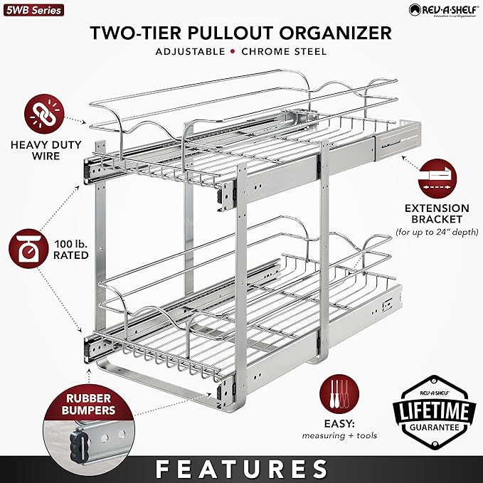 Rev-A-Shelf 2-Tier Kitchen Cabinet Pullout Shelf and Drawer Organizer Slide Out Pantry Storage Basket in Multiple Sizes, 12 x 22 In, 5WB2-1222CR-1