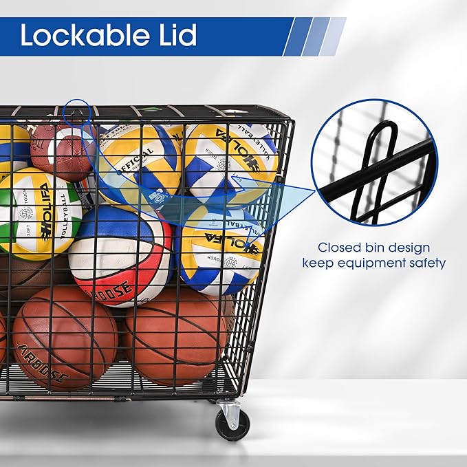 Mythinglogic Rolling Ball Storage Cart, Ball Storage Bin with Lockable Lid, Garage Organizer Made of Steel, Suitable for School Sport Equipment Storage
