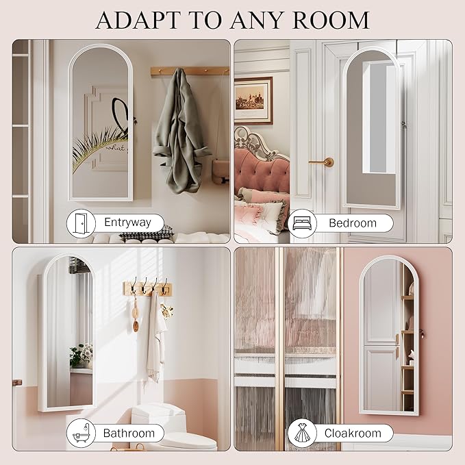 47in Tall Jewelry Cabinet Organizer, Arched Wall or Door Mounted Jewelry Armoire with Full-Length Mirror, 6 LEDS Lockable Hanging Mirror Cabinet with Storage, 2 Drawers, Women Girls Gifts,White