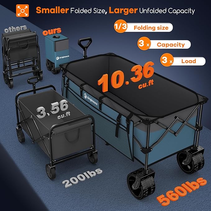 48" L Folding Beach Wagon Cart Foldable, 560lbs Weight Capacity 300L Heavy Duty Collapsible Wagons with Big All-Terrain Wheels, Utility Carts for Groceries, Shopping, Camping, Sports - Grey&Blue