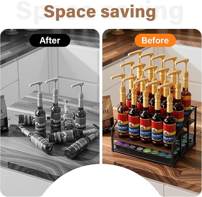 Coffee Syrup Rack Organizer, 4-Tier 12 Bottle Syrup Rack with 35 K Cup Drawer for Coffee Bar, Countertop Bottle Holder Stand for Dressing for Kitchen Cafe Station