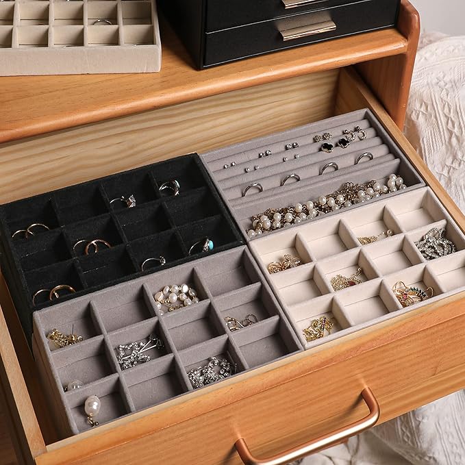 Frebeauty Jewelry Organizer Tray,Stackable Velvet Jewelry Trays,Drawer Inserts Earring Organizer For Women Jewelry Storage Display Case for Rings Stud Necklaces,Set of 4(Grey)