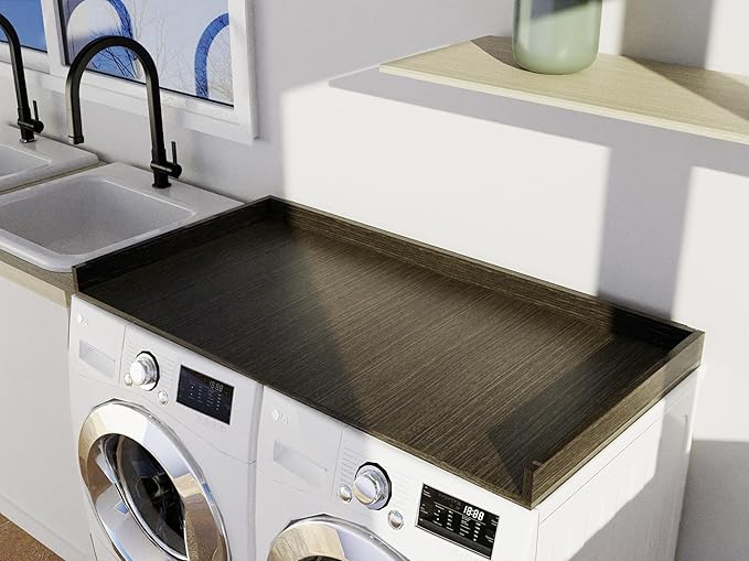 OfficeSimpli Washer Dryer Countertop, Made in USA, Non-Slip Pads, Easy Clean, Laundry Room Essentials and Decor, Washer Dryer Wood Top for Organization (Tenino Grey, Standard (27.5" x 54"))