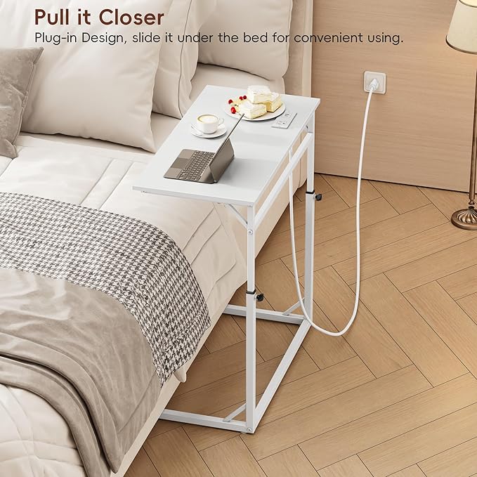 Vagusicc C Shaped End Table with Charging Station, C-Table End Table Adjustable Height Side Table for Couch, Large Couch Table, Slide Under Sofa Table TV Tray Arm Table for Living Room, Bedroom, White