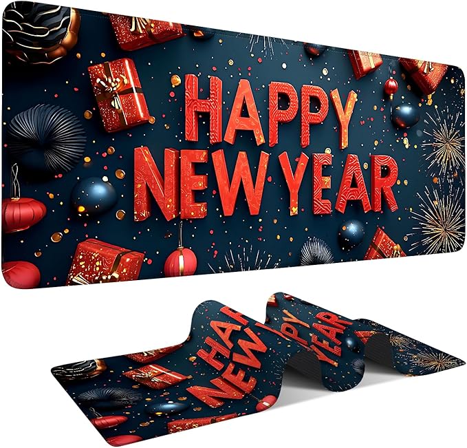 Happy New Year Gaming Mouse Pad 31.5"x11.8"Desk Mat Anti-Slip Rubber Base & Durable Stitched Edges for Gamers Smooth Mouse Writing Surface for Desk Office/Home