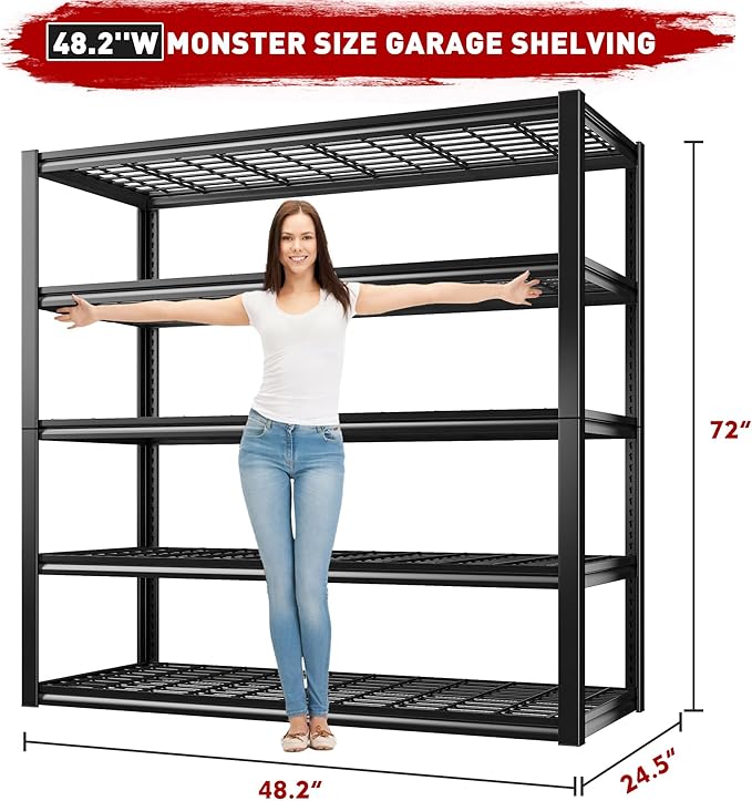 REIBII 48.2'' W Garage Shelving, 3010LBS Storage Shelves Heavy Duty, 5 Tier Adjustable Metal Shelving Unit for Warehouse, Garage, Basement, 48.2" W x 24.5" D x 72" H
