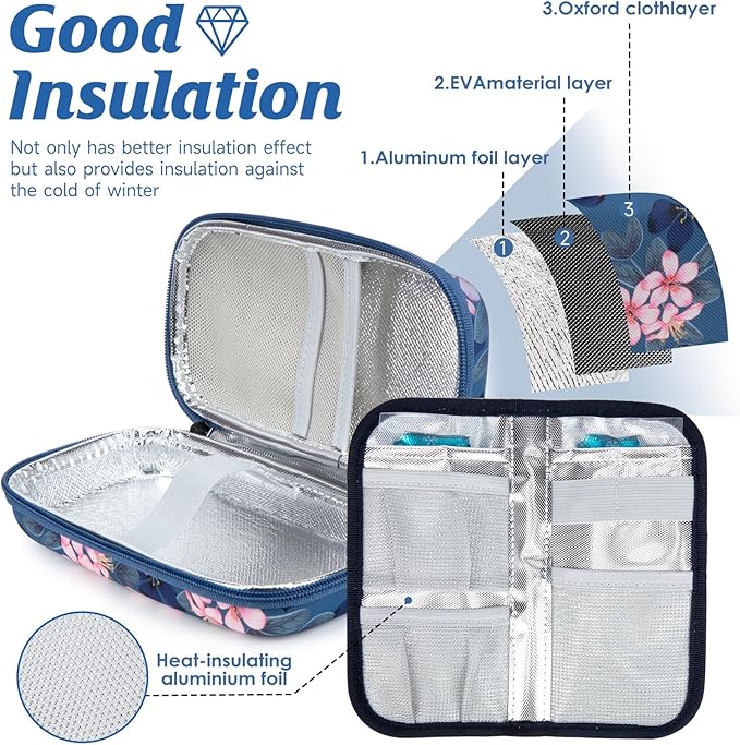 YOUSHARES Insulin Cooler Travel Case - Diabetic Insulated Organizer Portable Cooling Bag for Medication Cooling Insulation, Insulin Pen Case with 2 TSA Approved Cooler Ice Pack (Pink Flower)