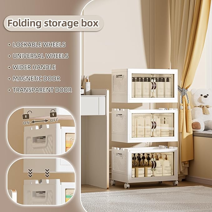 108 QT / 27 Gal Magnetic Double Door Cabinet with Wheels - Foldable Stackable Design, Leather Handles, Water Resistant Organizer for Bathroom, Kitchen