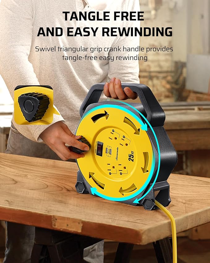 DEWENWILS Cord Reel with 4 Power Outlets, 2-USB Ports(3.4A Fast Charge), 25FT Retractable Extension Cord Reel, Heavy Duty SJTW 16/3 Cable, 13A Circuit Breaker, Hand Wind, UL Listed