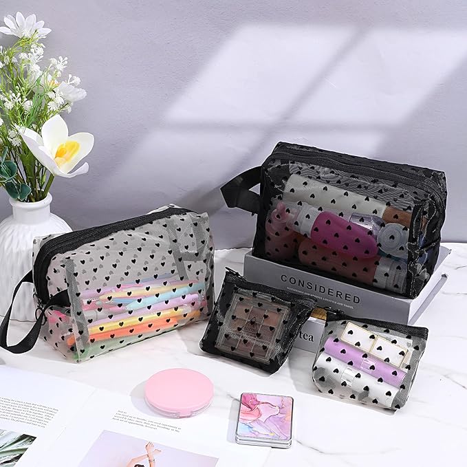 4 PCS Heart Printed Mesh Makeup Bag Set, White & Black Mesh Makeup Bag with Zipper Lipstick Accessories Organizer Mini Travel Organizer Bags for Women(2 Small 2 Square Handle)