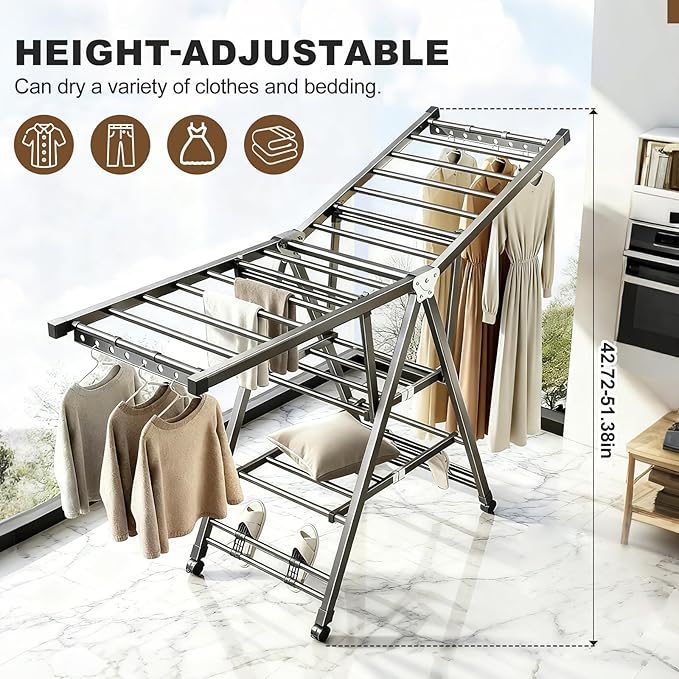 Heavy Duty 3-Tier Clothes Drying Rack with Wheels & Shoe Rack - Large 5.9ft Foldable Metal Laundry Stand, Portable Collapsible Clothing Hanger for Indoor Outdoor Use in Laundry Room