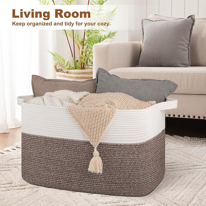 XXXL Supre Large Blanket Basket for Clothes, Towels, Pillows, 108L Cotton Rope Storage Basket for Living Room, Supre Large Woven Toy Storage for Kids, 25" x 16" x 16", Dark Brown and White