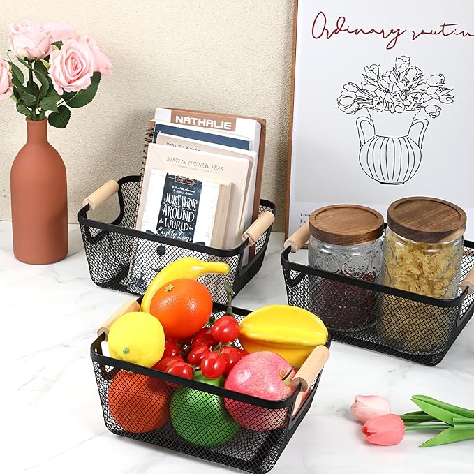 4 Pcs Metal Wire Baskets with Wooden Handles, 9.4x6.9in Wire Storage Basket, Modern Black Rectangular Metal Mesh Basket, for Cabinet Pantry Closet Kitchen Bathroom Office Fridge Fruit Makeup Snacks
