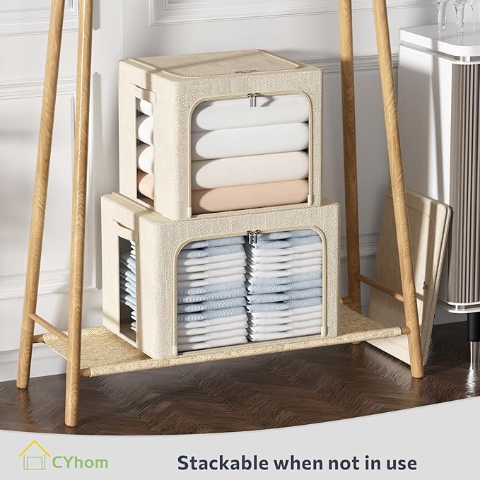 CYhom 3Pack Foldable Storage Bins - Frame Storage Box Linen Fabric Stackable Clothes Container Organizer with Clear Window & Carry Handles Large Capacity (Medium-36L, Beige)