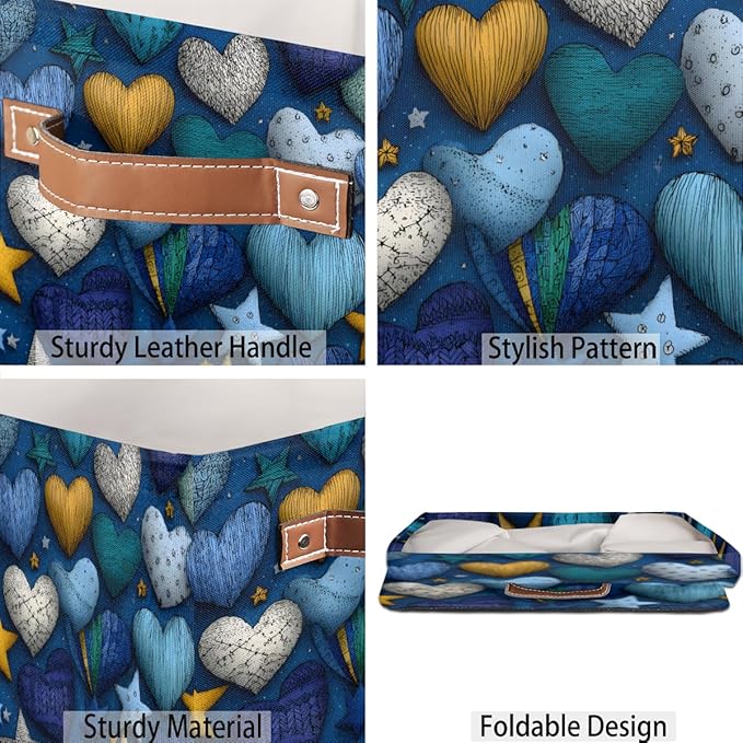 TropicalLife 13x13x13 Inch Large Fabric Storage Cube Vintage Valentine's Day Hearts Foldable Storage Bin with Handles Organizer Boxes Cube Basket for Shelves Organizing Closet
