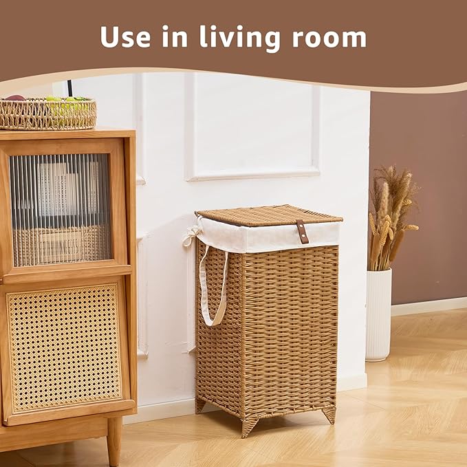 Laundry Hamper with Lid and Removable Liner Bag, Handwoven Rattan Clothes Hamper with Heightened Feet, Wicker Laundry Basket for Clothes and Towels，Small