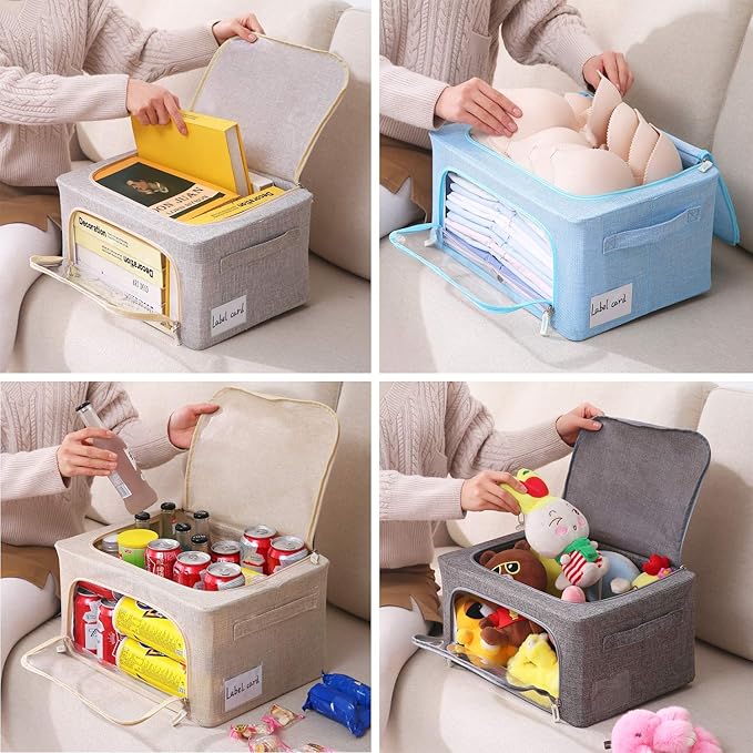 CYhom 3Pack Foldable Storage Bins - Frame Storage Box Linen Fabric Stackable Clothes Container Organizer with Clear Window & Carry Handles Large Capacity (Small-22L, Light Grey)