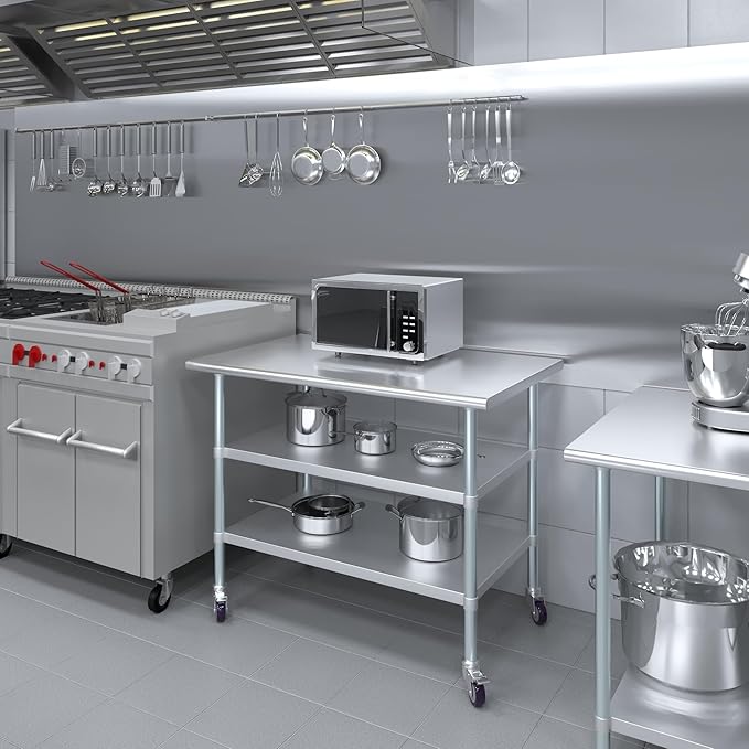 AmGood Stainless Steel Work Table with 2 Shelves and Casters | Metal Utility Table On Wheels (Stainless Steel Work Table with 2 Shelves + Casters, 48" Long x 30" Deep)