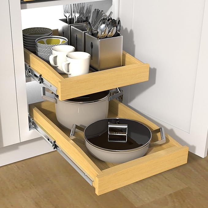 Wooden Pull out Cabinet Organizer 23" W x 21" D x 3.35" H, Heavy Duty Slide Out Drawers Pull-Out Home Organizers for Kitchen Cabinets