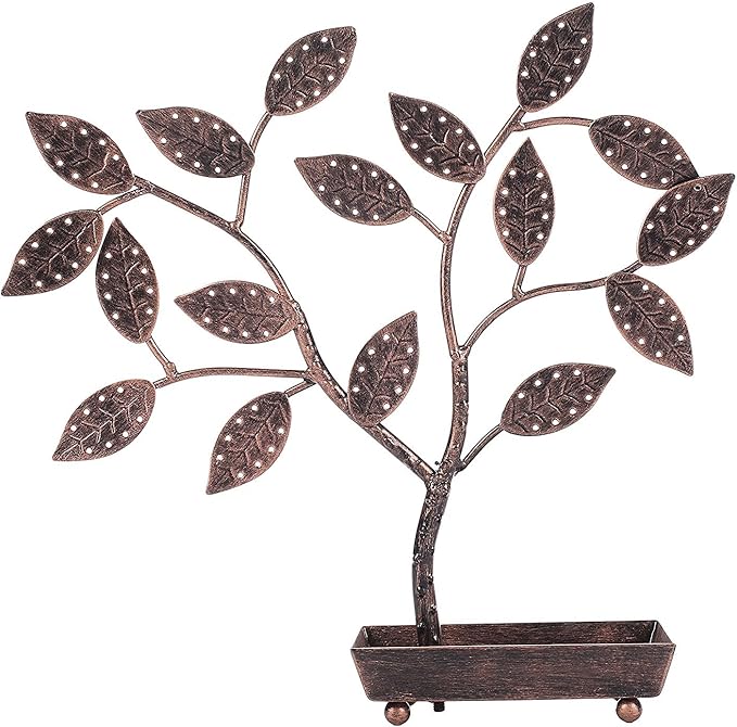 MyGift Jewelry Tree w/Bird Nest 48 pair Earrings Holder, Bracelets/Necklace Organizer Stand (Bronze Metal)
